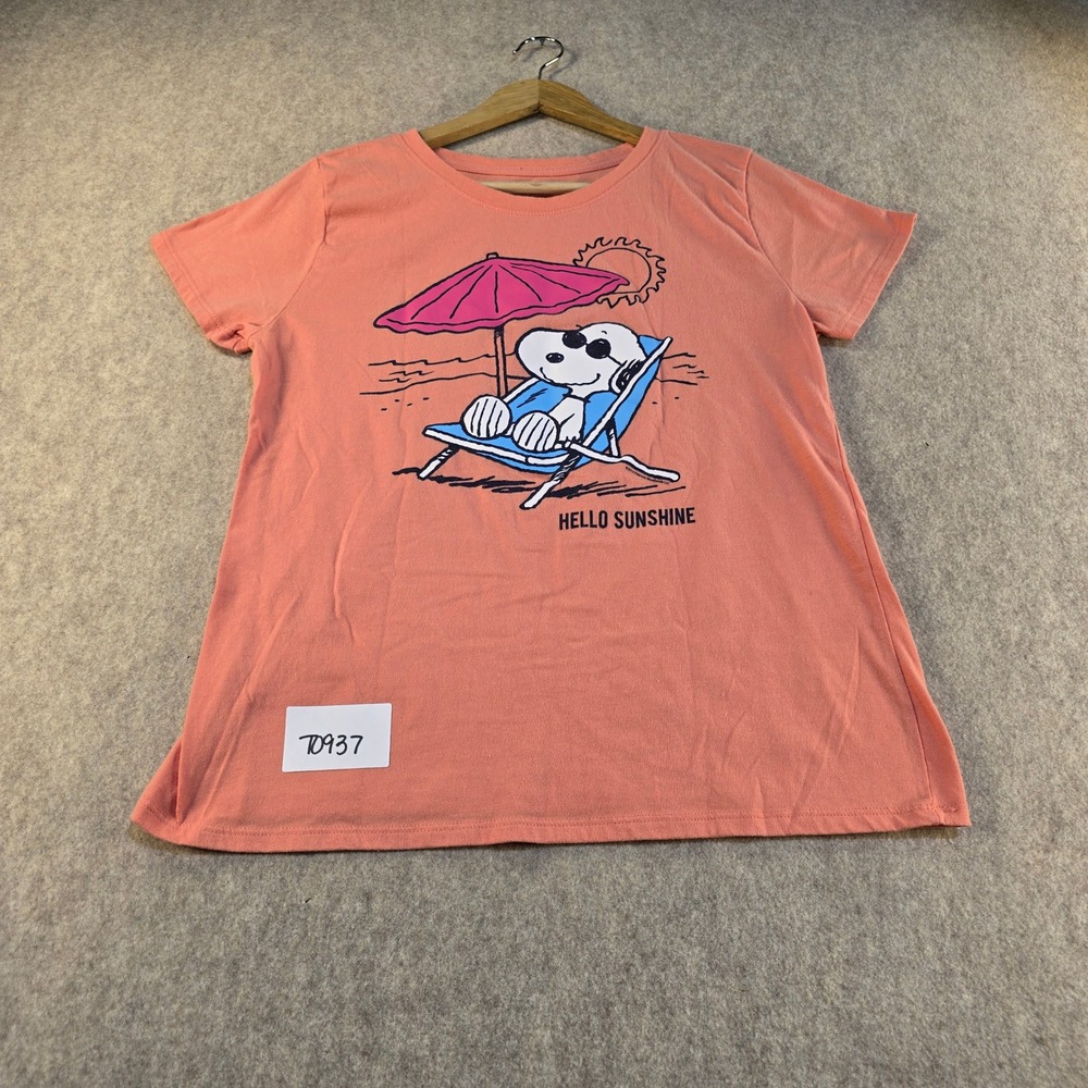 Peanuts Snoopy Hello Sunshine Graphic T-Shirt Womens Small Coral‎ Pink Beach Tee